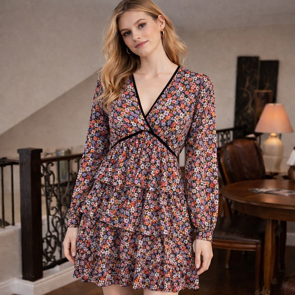 The Kooples Blazing Field Floral Tiered Mini Dress V-Neck Long Sleeve Size L (3)
